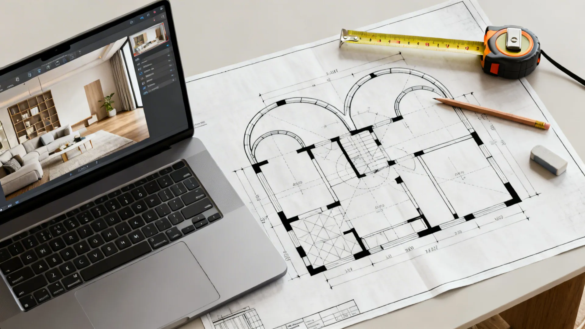 Laptop displaying interior design drawing next to paper floor plan with measuring tape and pencil
