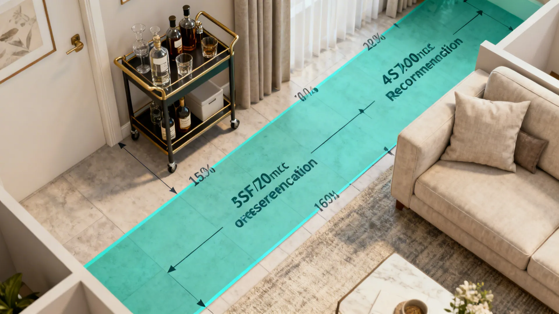 Top-down room planner view showing bar cart placement and clearance measurements.