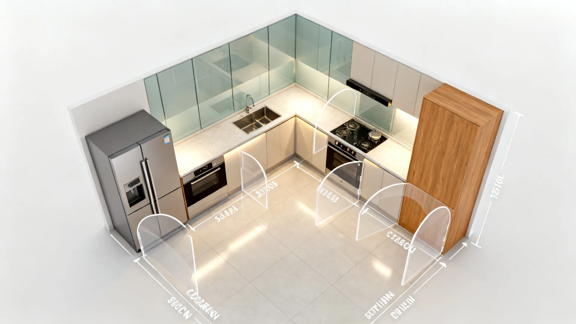 Top-down planner-style view of a small kitchen showing appliance door swings and aisle clearances.
