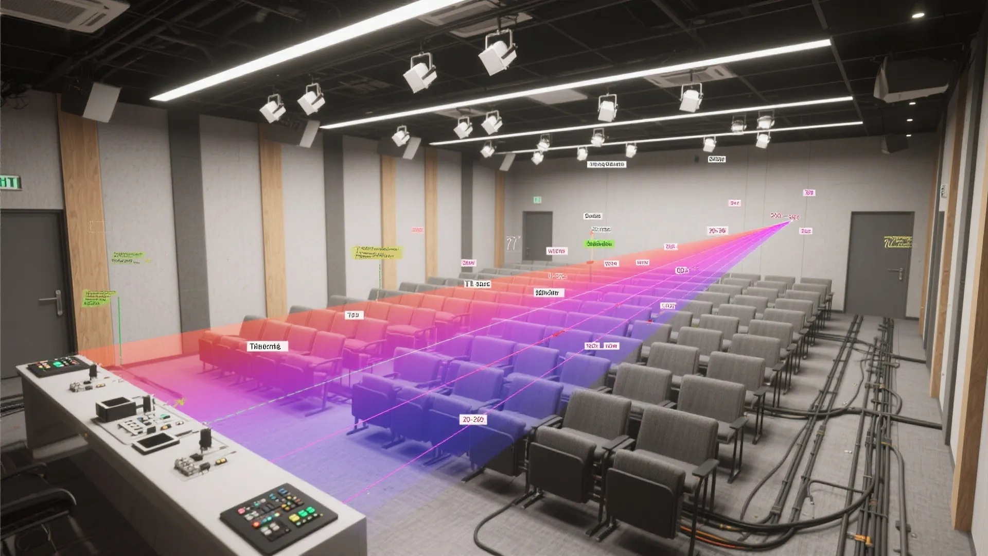 Interior design drawing of a theater room showing light projection coverage over rows of seats