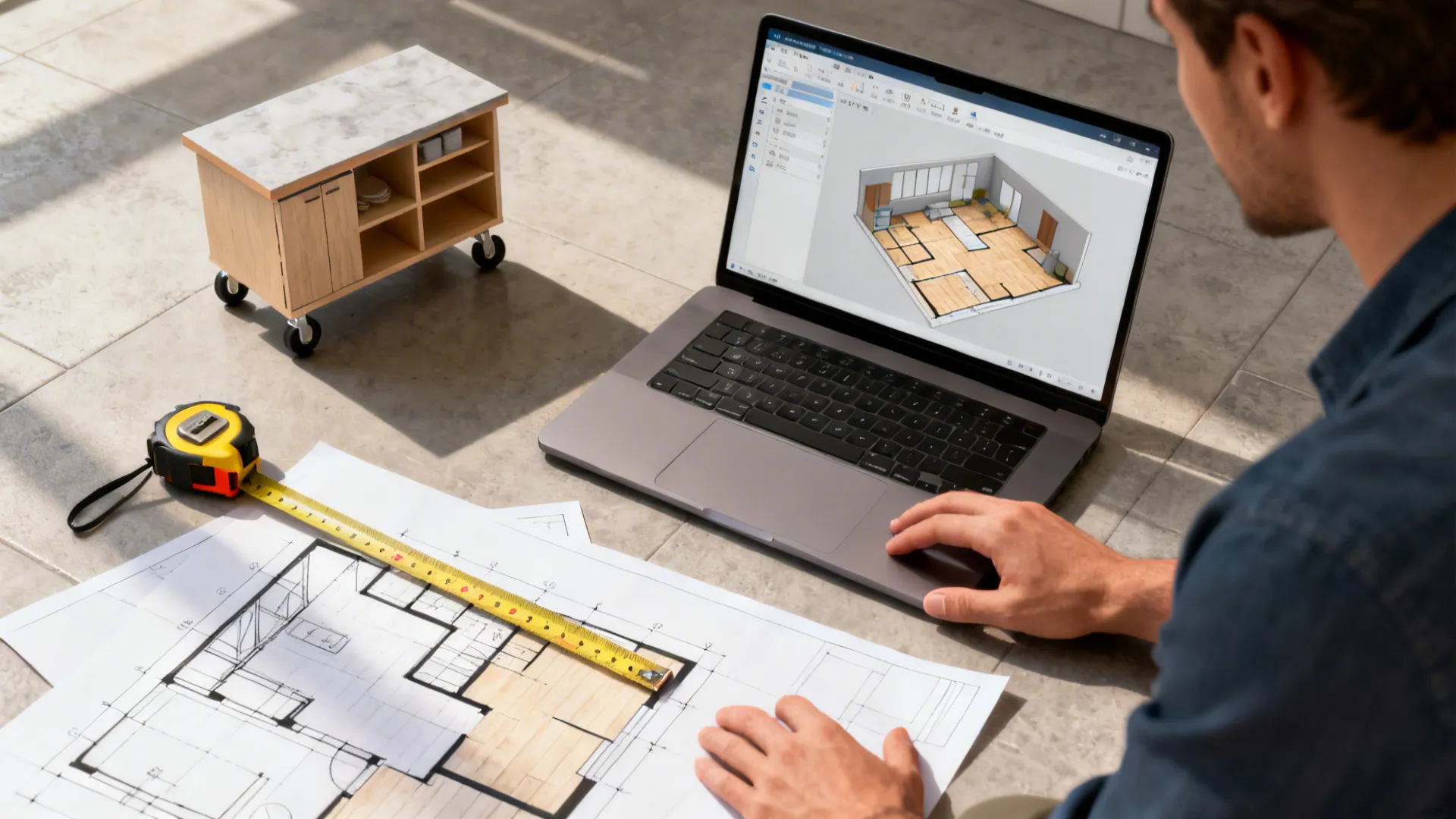 Designer testing kitchen layout using an online floor planner, tape-measure mockup and sketches