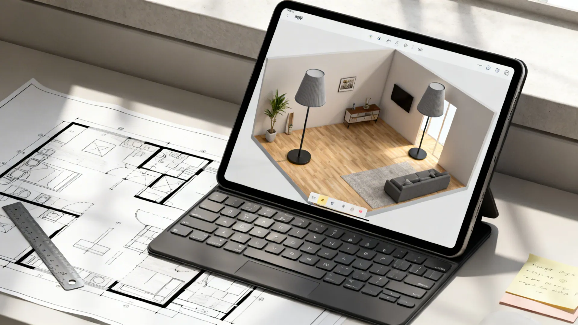 Top-down view of a 3D floor planner and tools showing lamp placement mockups.