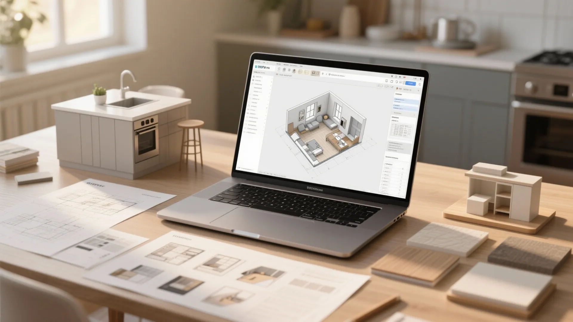 Designer workspace with 3D floor planner on laptop and kitchen layout printouts.