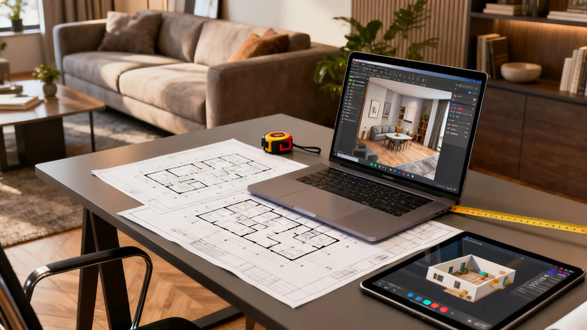 Workspace with laptop and tablet showing room planner and 3D export for testing layouts.