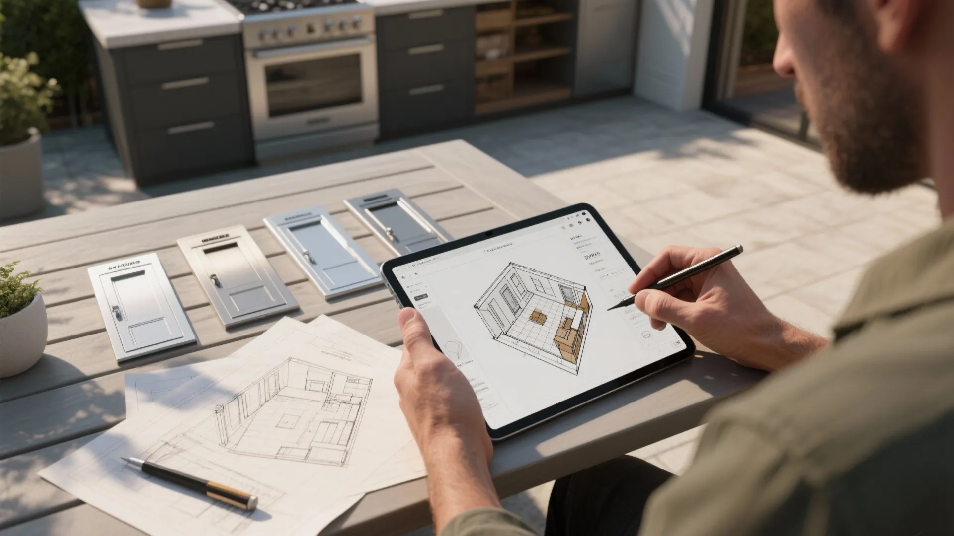 Top-down view of outdoor kitchen layout planning with a tablet 3D floor planner and stainless door samples