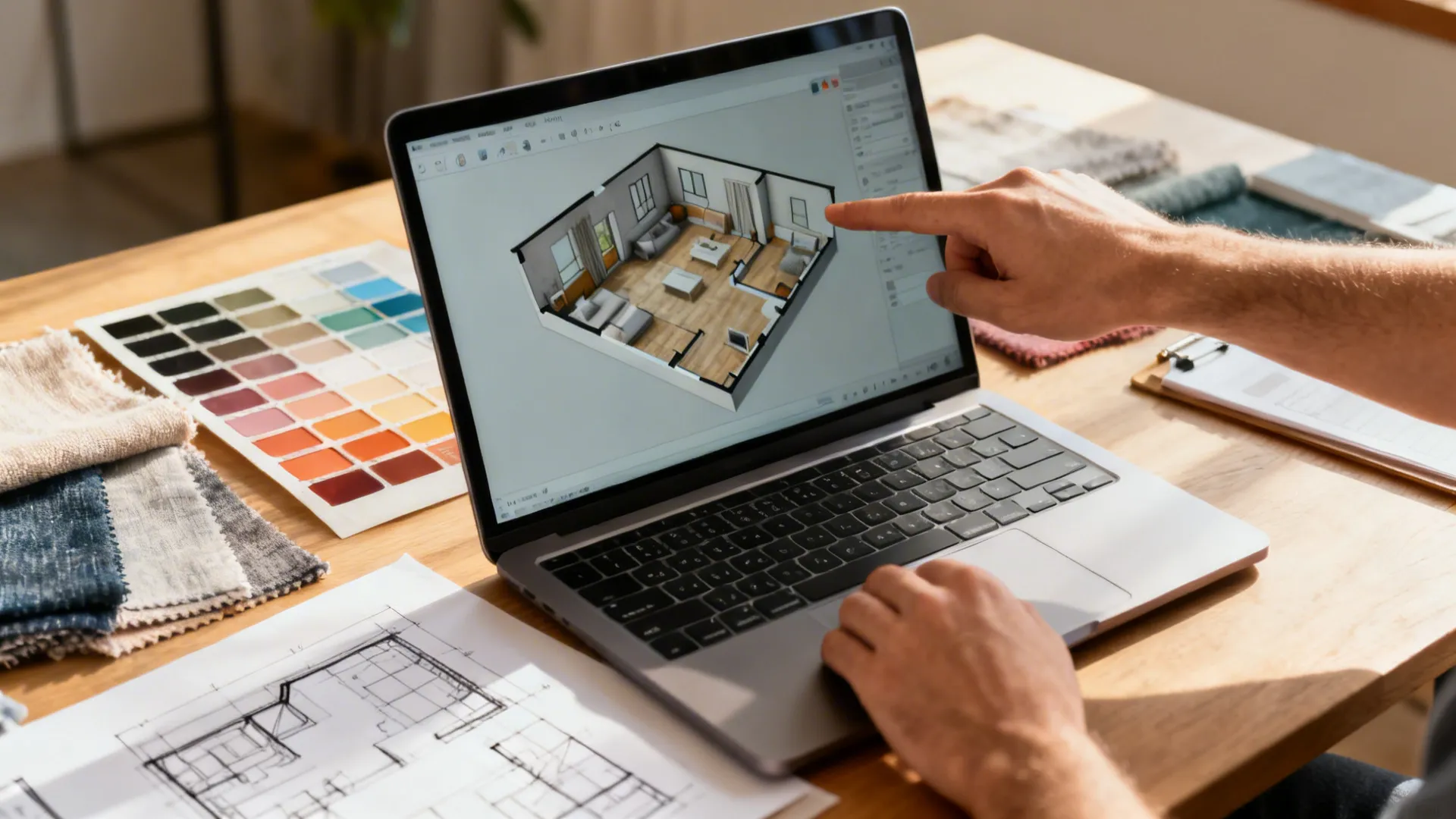 Designer workspace showing a 3D floor plan on a laptop with paint and fabric samples.