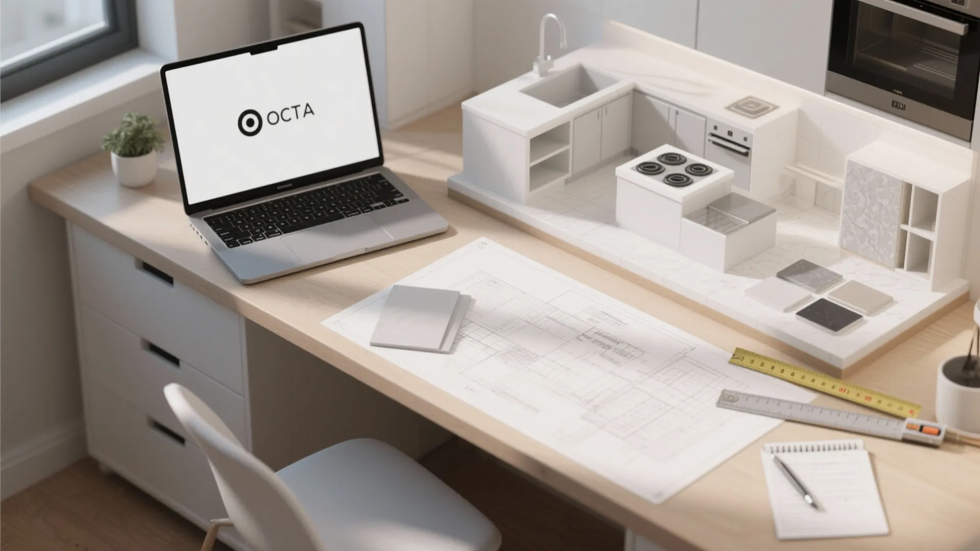 Wooden desk with a laptop floor plan drawing 3D model ruler and a small plant