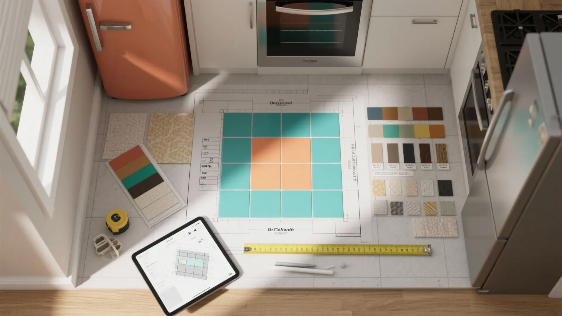 Top-down layout board with appliance color swatch and 3D planner tablet for kitchen planning.