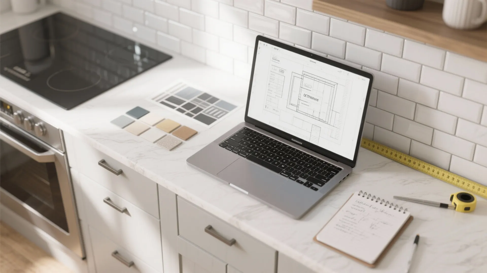 Laptop displaying interior design drawing on marble counter with color samples and a measuring tape
