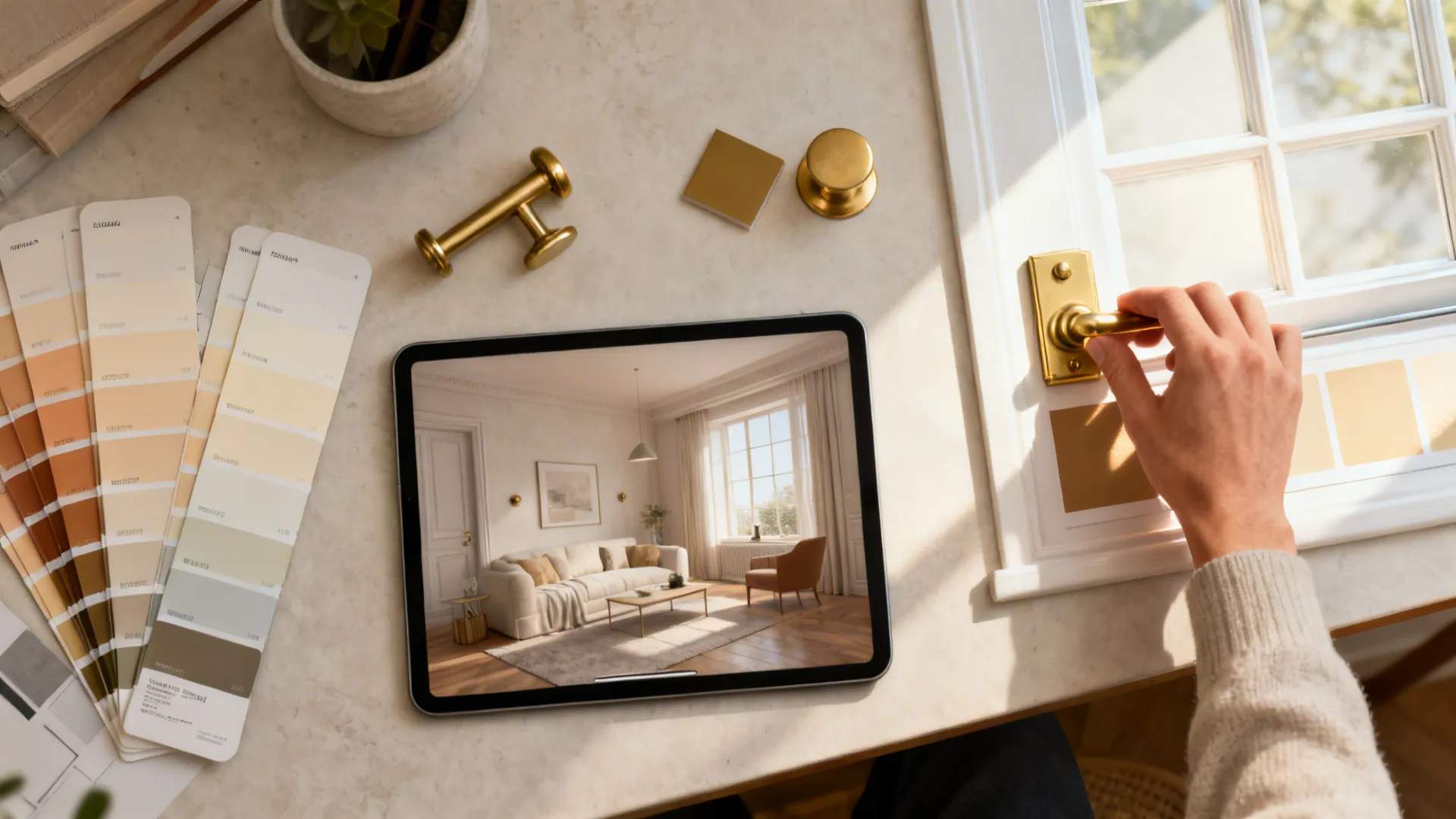 Top-down view of a tablet with a 3D mockup, paint swatches and gold finish samples for testing light.