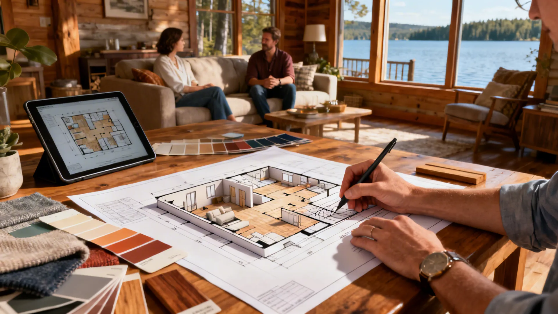 Designer reviewing a 3D floor plan on a tablet with swatches in a lake house living room