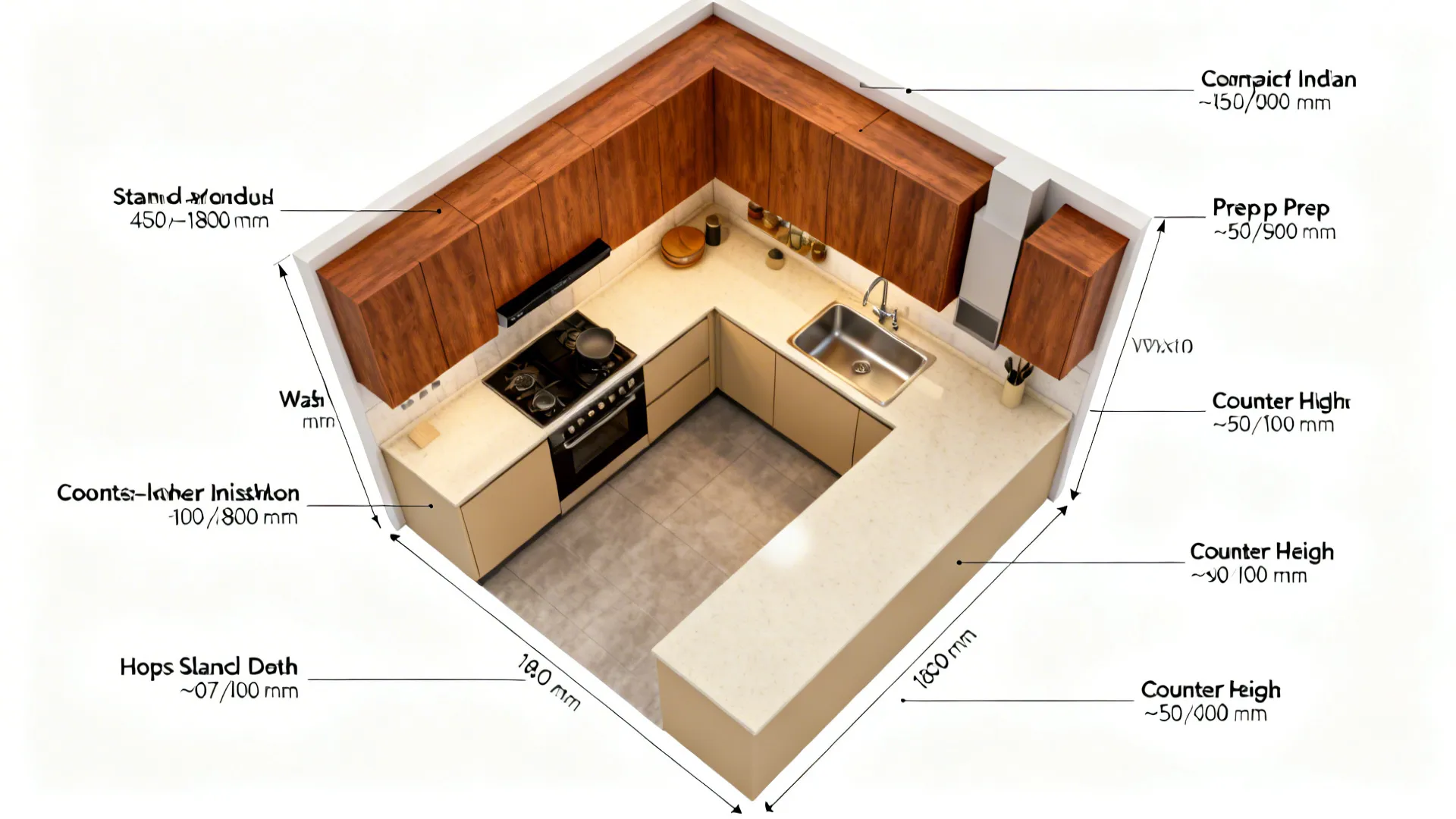 Top-down planning view showing clear kitchen zones and standard module widths in a 10x10 space.