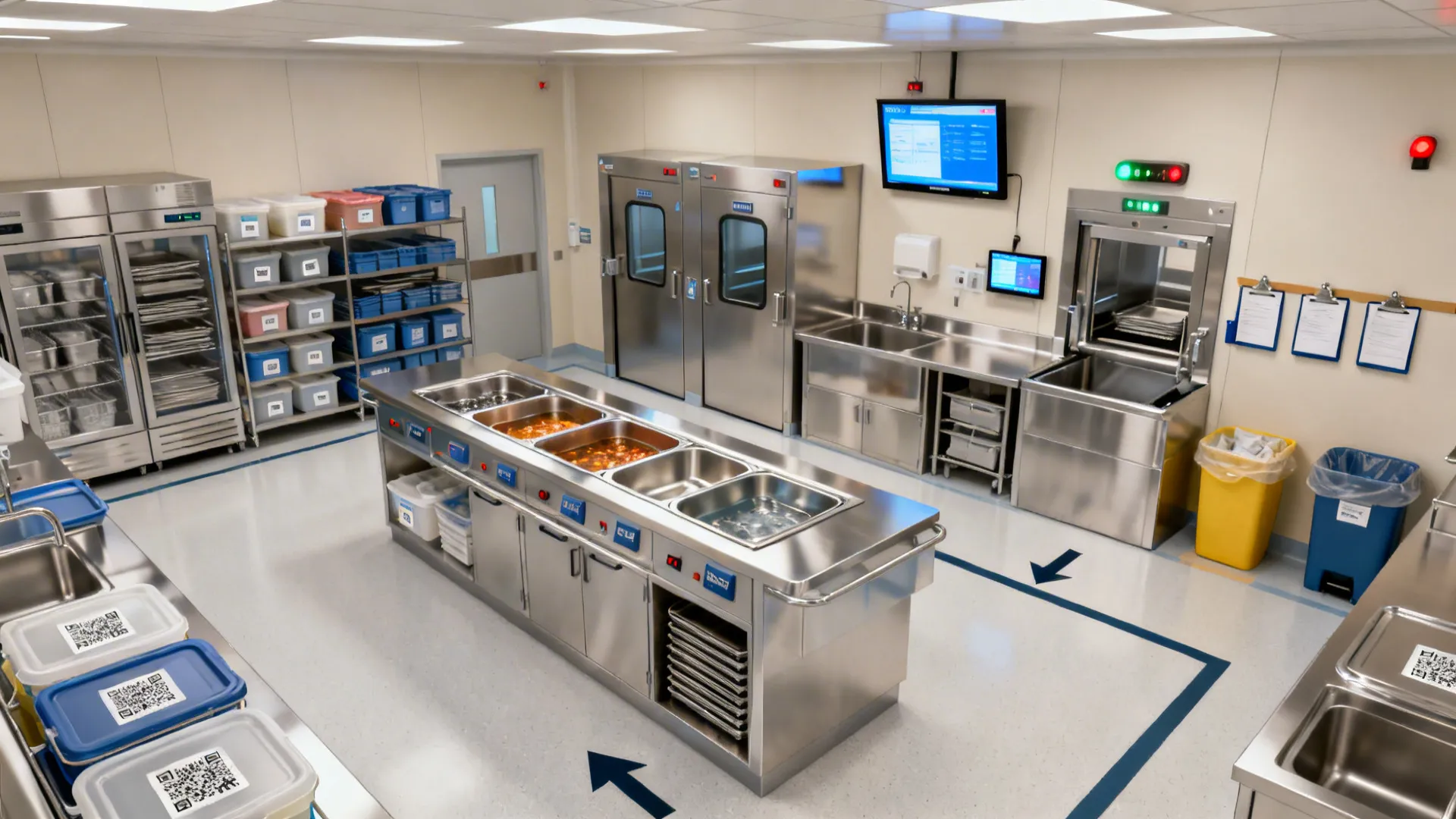 Top-down planning view mapping zones and pass-throughs in a diet kitchen.