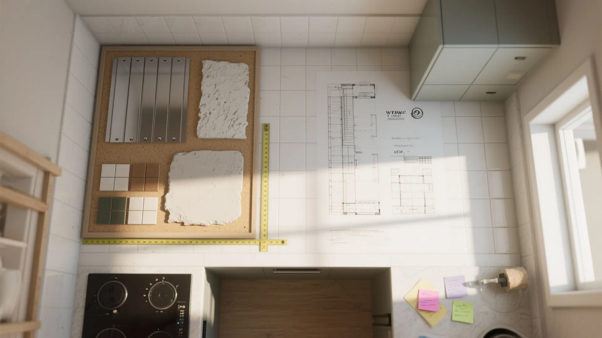 Top-down planning board with backsplash samples, layout sketches, and measurements for a small rustic kitchen.