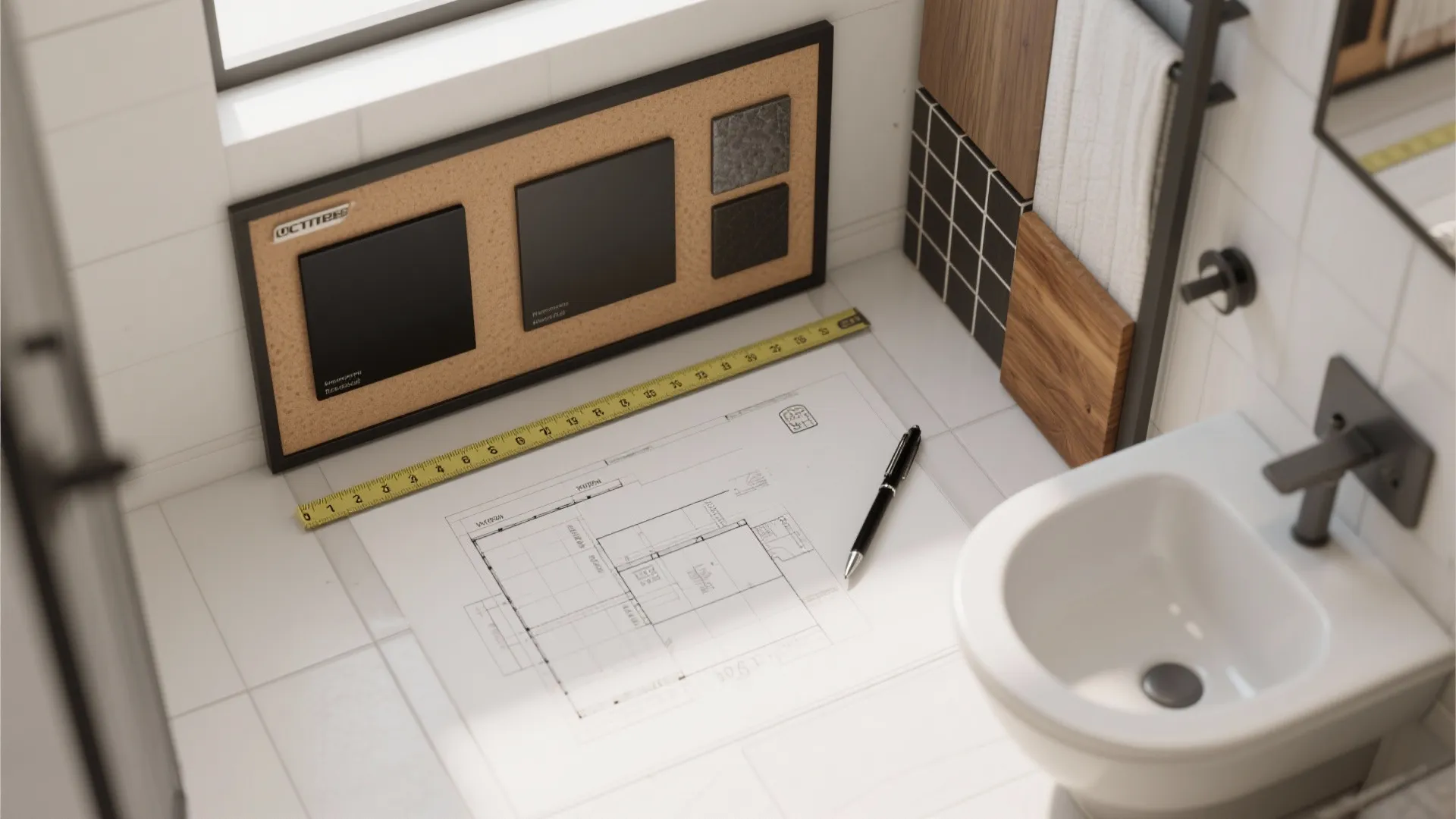 Top-down planner with matt black finish samples, tile swatches and a small bathroom floor plan.
