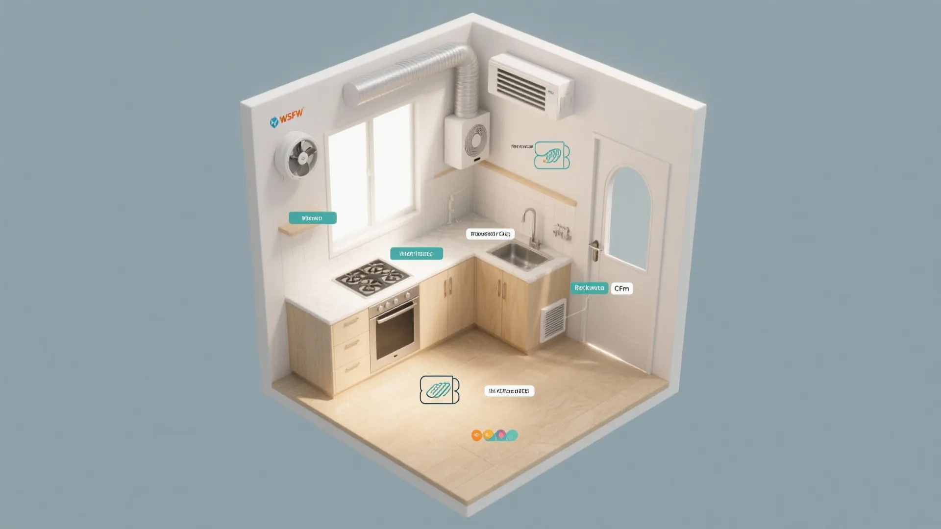 Small kitchen 3D interior design drawing with wooden cabinets white countertops oven sink and stove