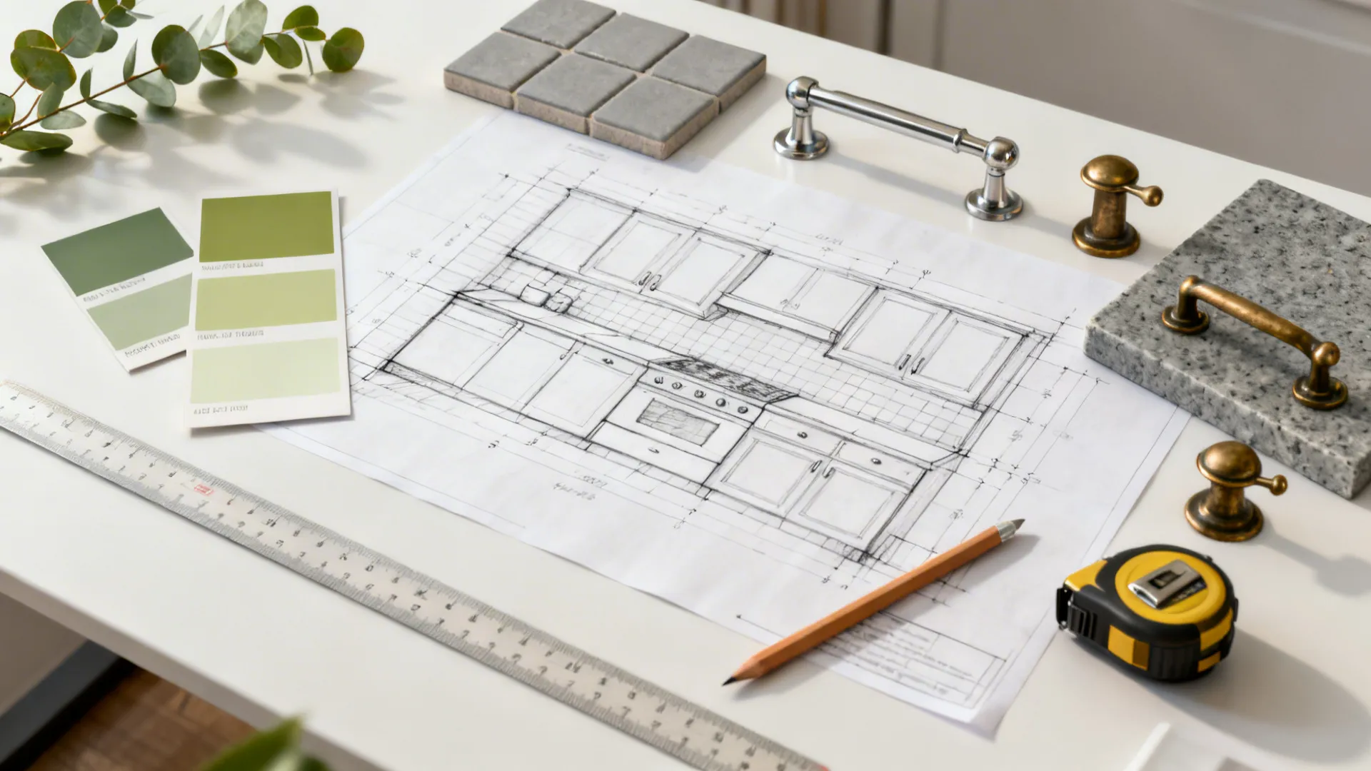 Kitchen cabinet design sketch on desk with ruler, pencil, tape measure, tiles, and metal handles