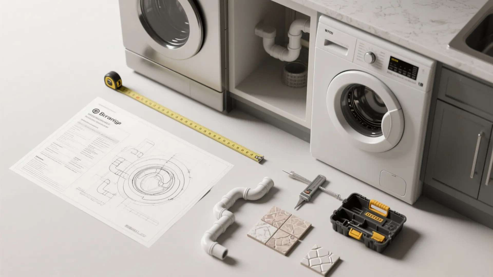 Flatlay of planning tools: measuring tape, appliance spec sheet and plumbing sketch for compact kitchen laundry.