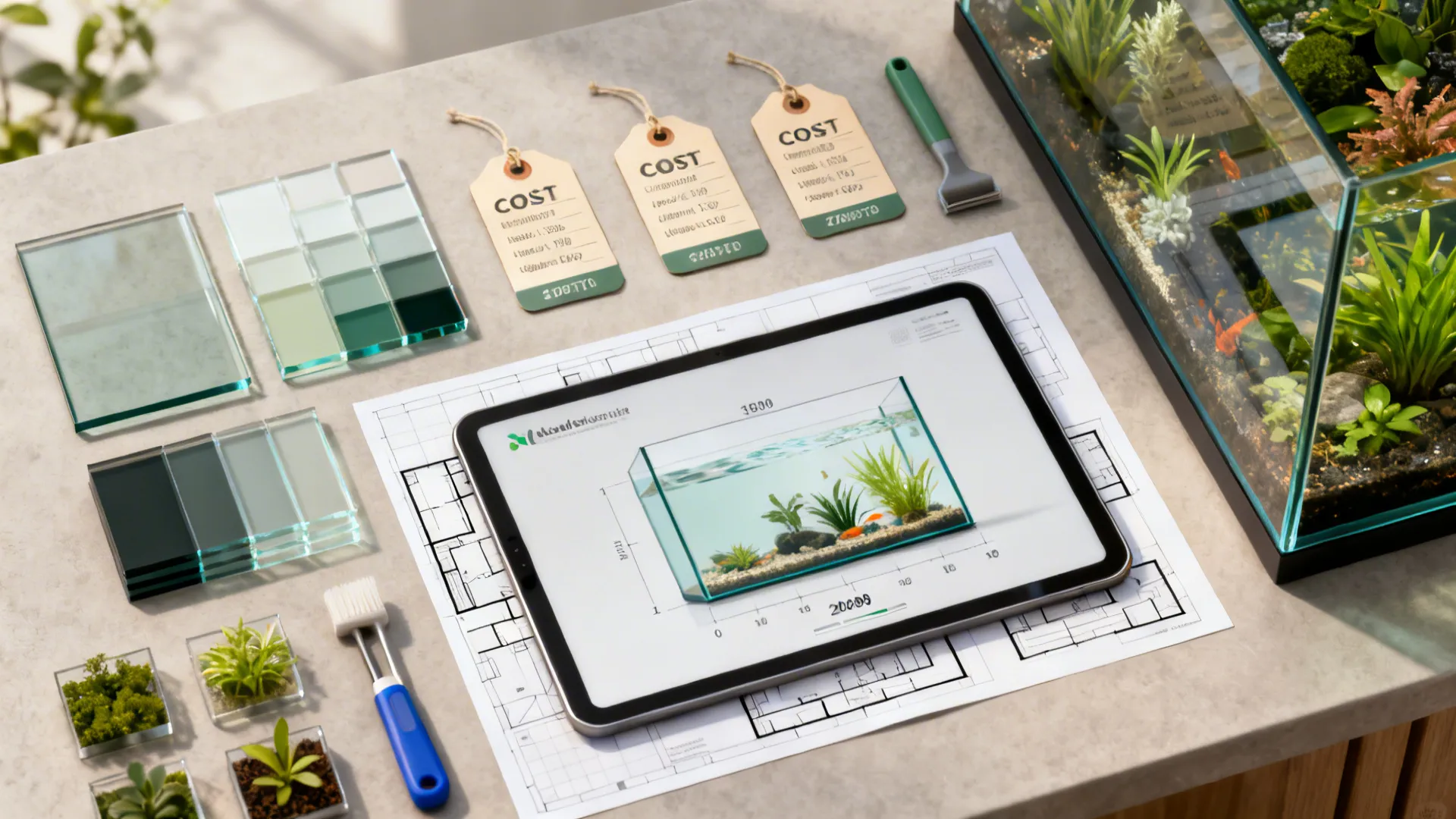 Flatlay of aquarium planning materials, swatches, tools and a tablet with a room mockup.