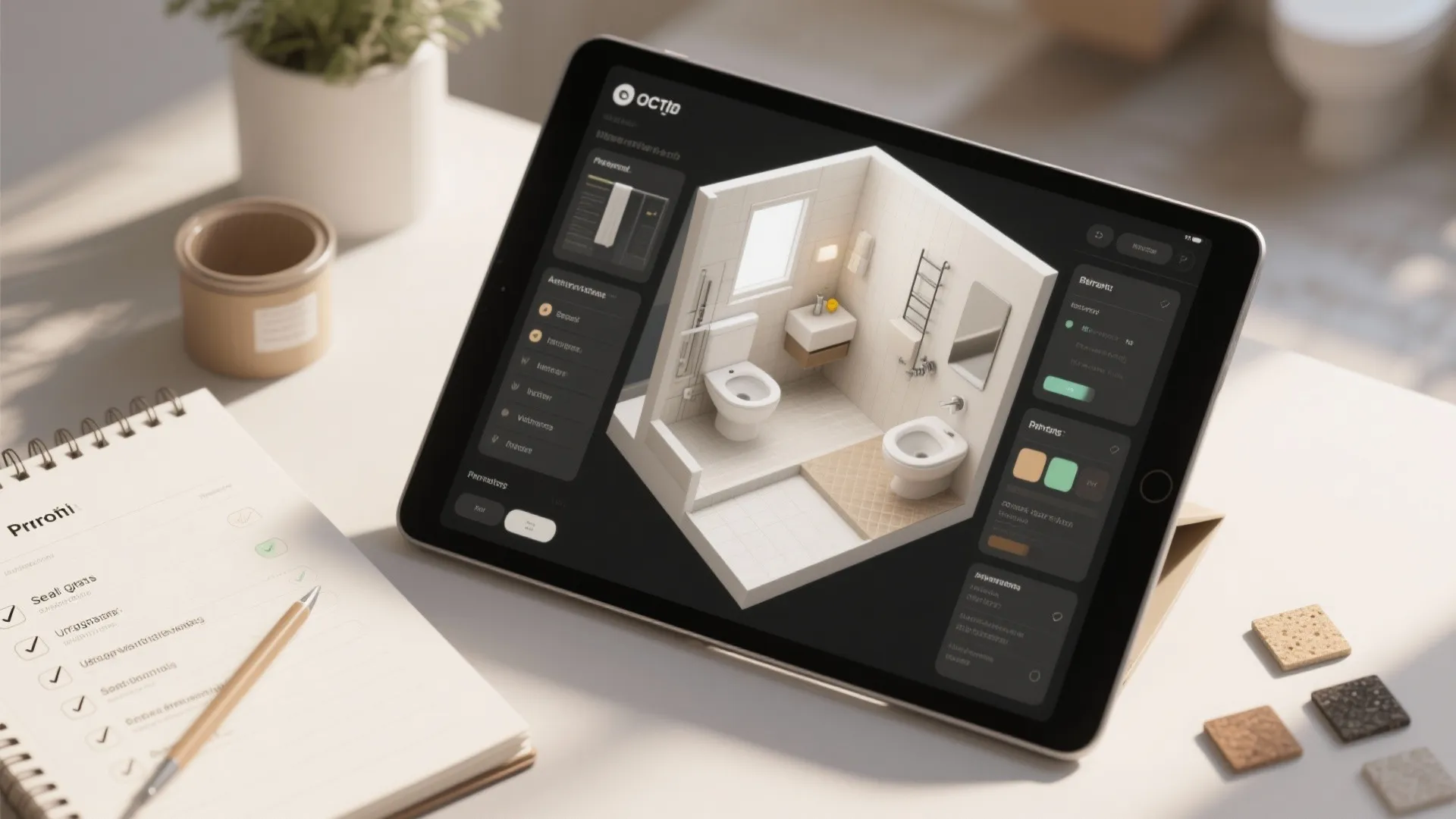 Tablet showing a 3D room planner and a checklist prioritizing sealing, ventilation, and sealed containers
