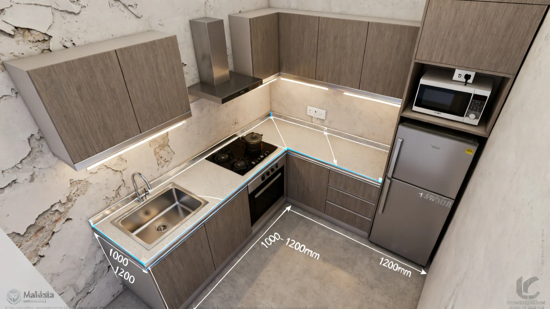 Top-down compact kitchen plan showing work triangle and outlet placements.