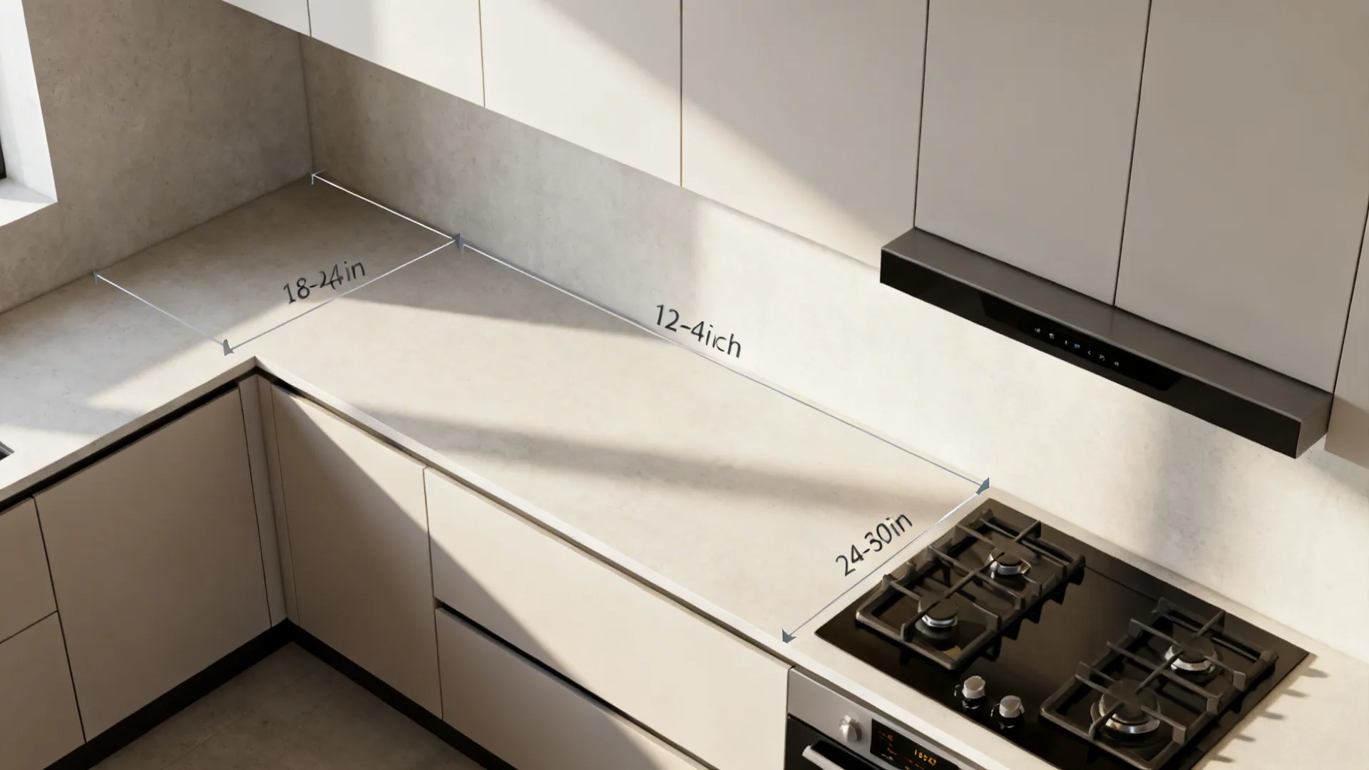 Top-down visualization of overhead cabinet heights, depths, and hood clearance above a cooktop.