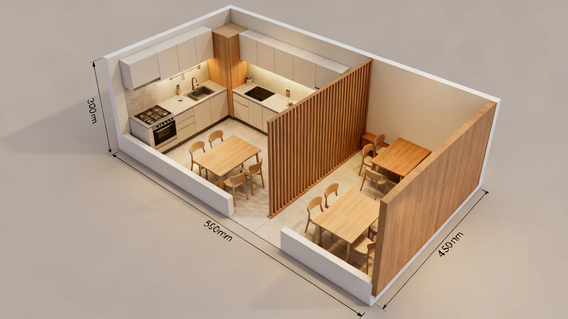 Top-down layout showing clear circulation paths and partition positions in a compact kitchen-dining room.
