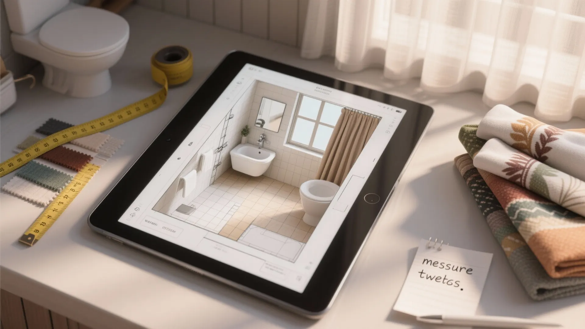 Top-down view of a tablet showing a 3D bathroom planner, measuring tape and curtain swatches for planning.