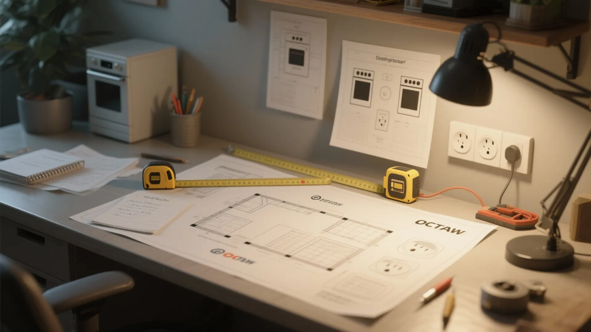 Interior design drawing on desk with yellow measuring tapes and black lamp and wall sockets