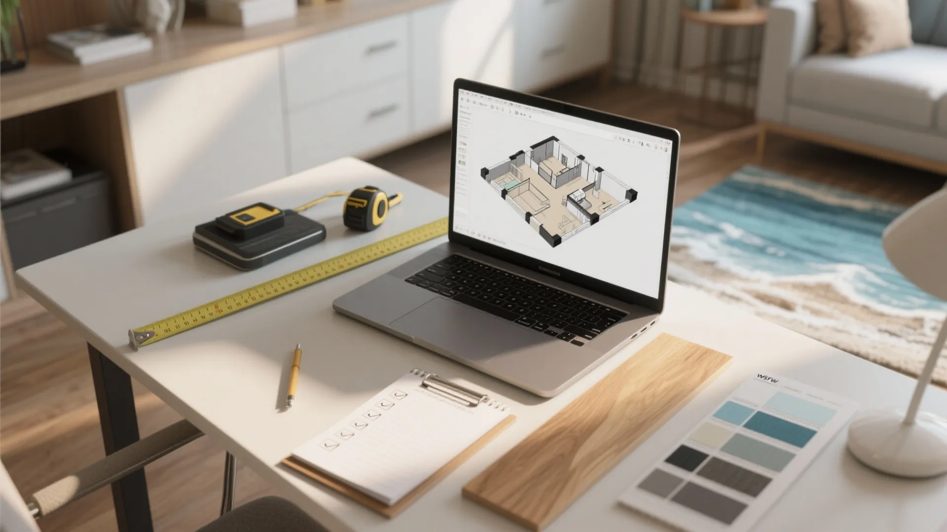 Planning desk with laptop showing 3D floor plan and material samples for a compact suite