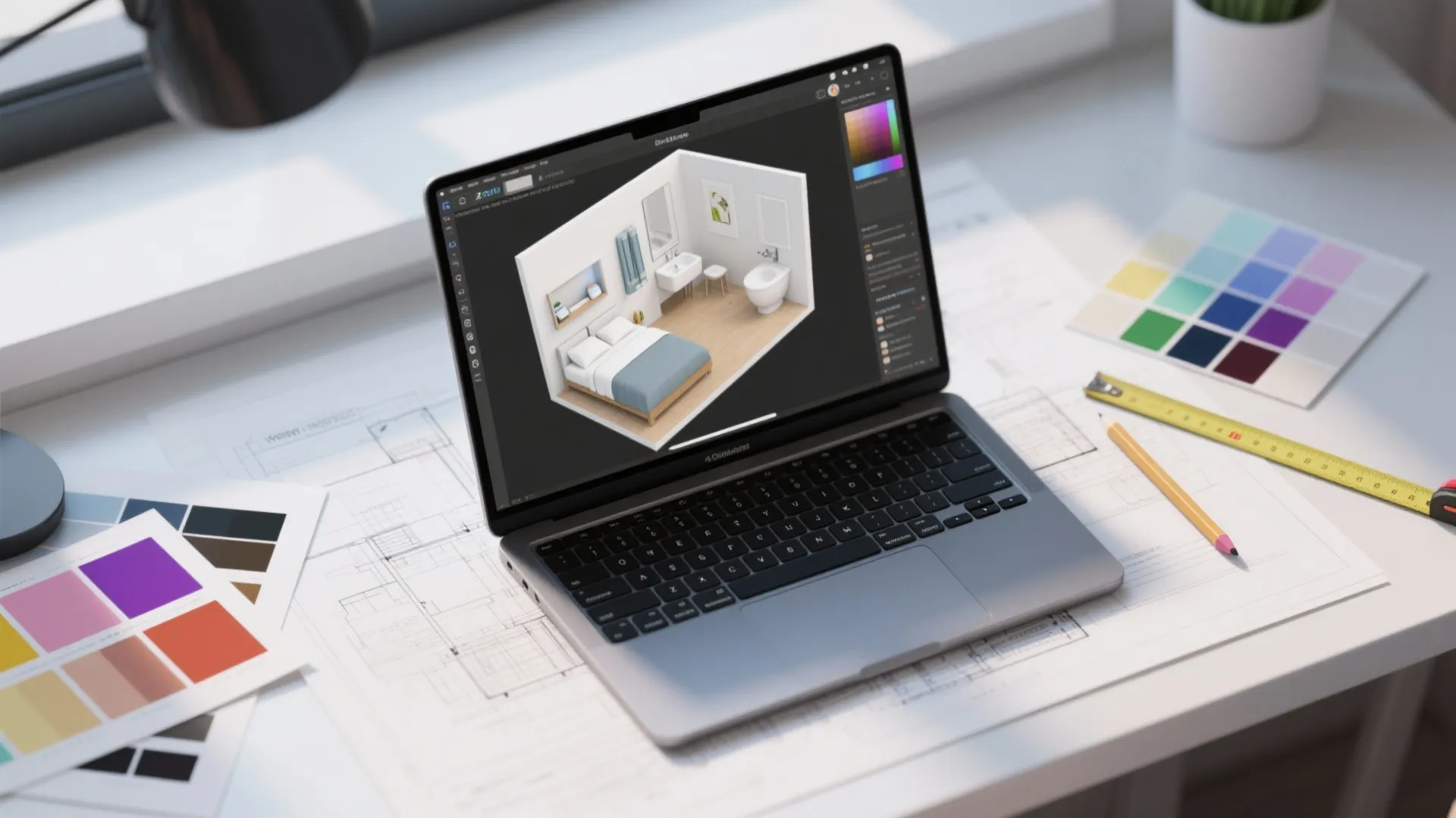 Laptop showing room layout design on desk with color palettes pencil and measuring tape tool