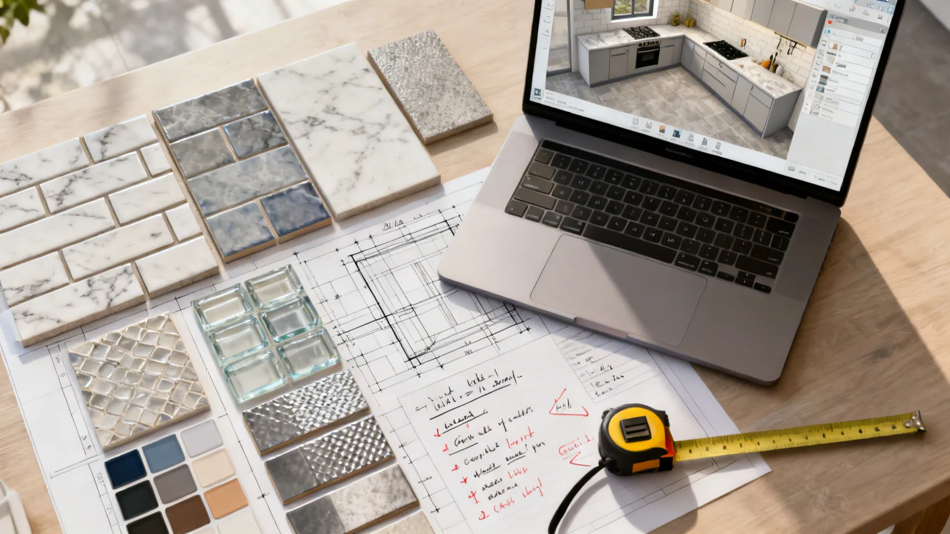Top-down of a kitchen planning desk with 3D planner on laptop and backsplash samples.