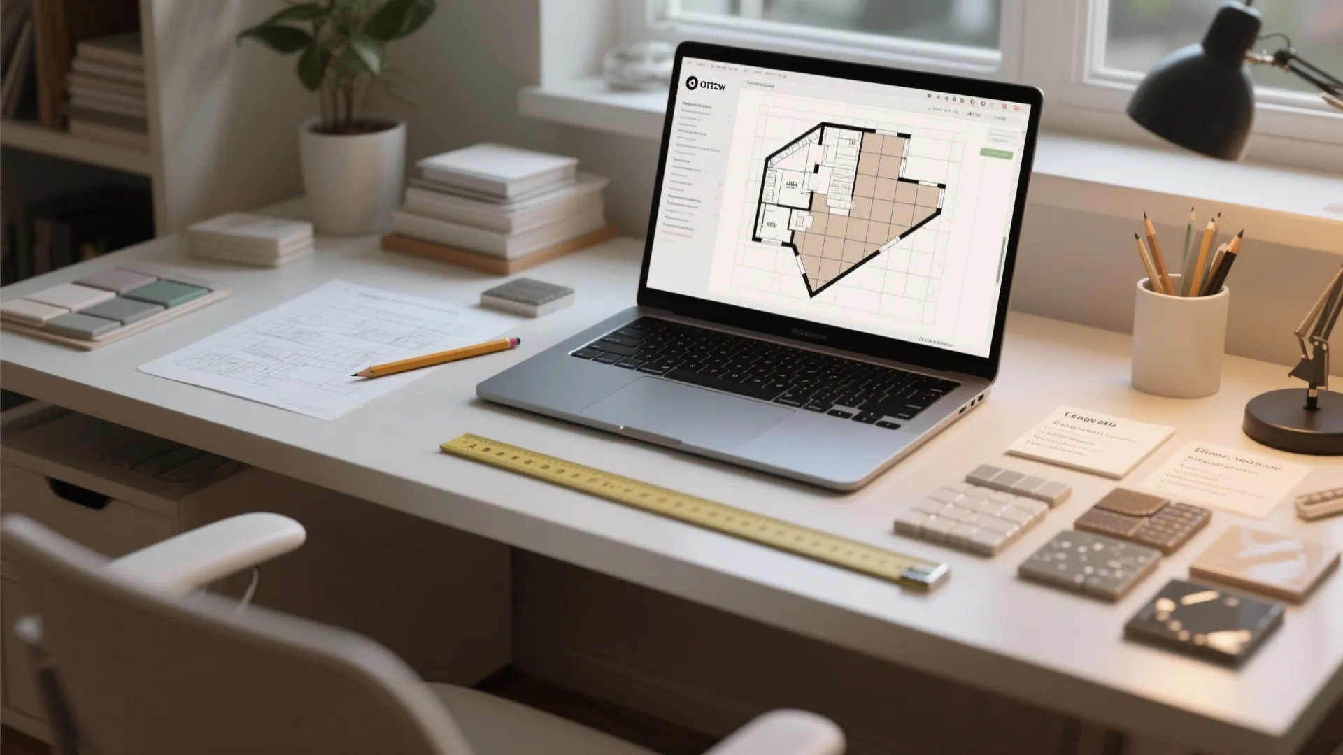 Desk mockup with floor-planner, tile samples and measuring tape for planning a bathroom layout