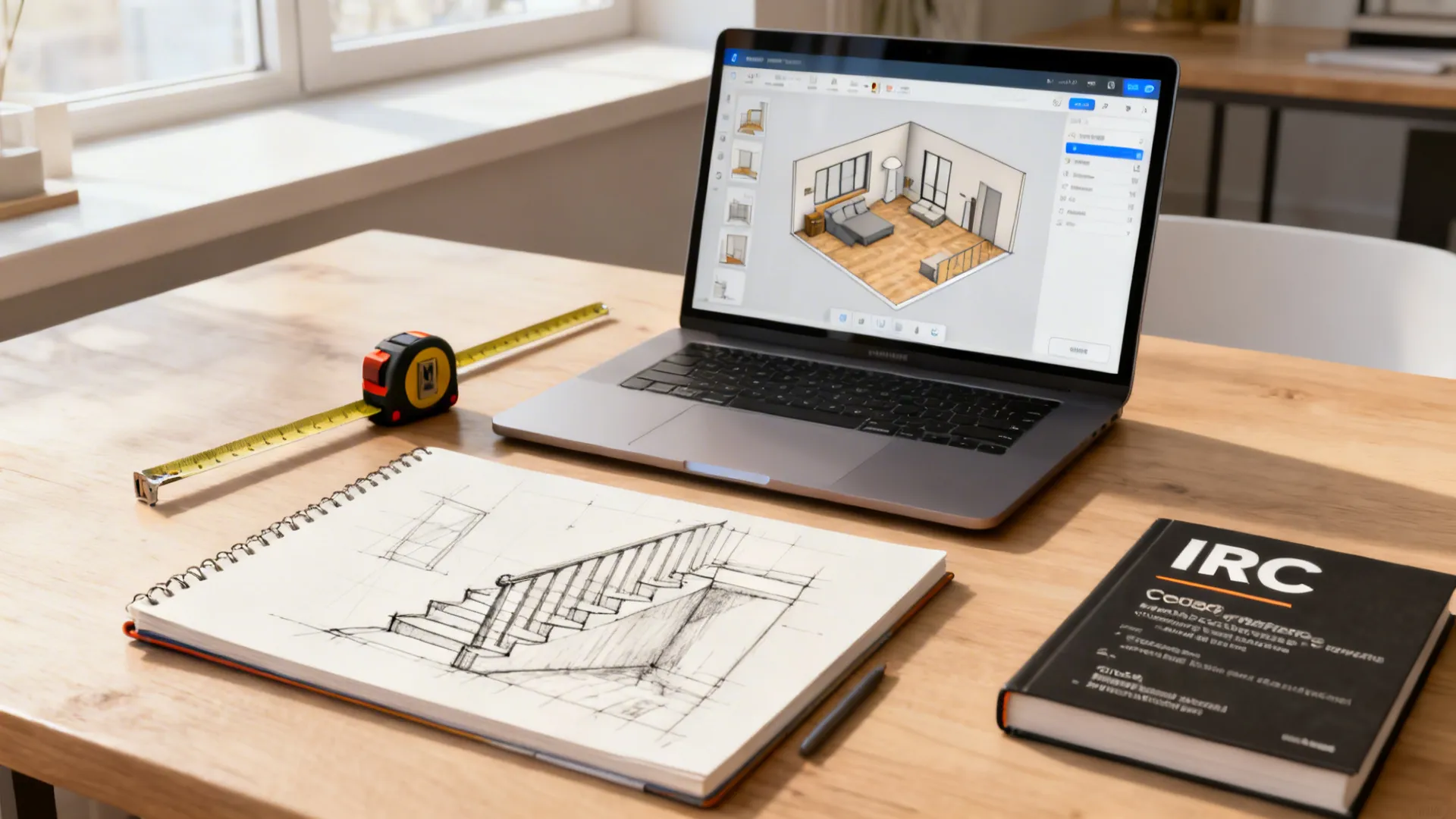 Laptop showing interior design drawing with a sketchbook measuring tape and a small black book