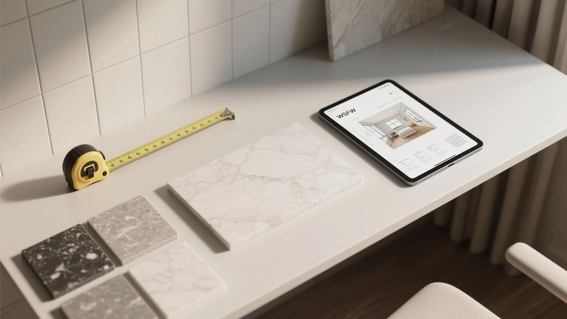 Interior design work desk with stone samples measuring tape and tablet showing a room layout