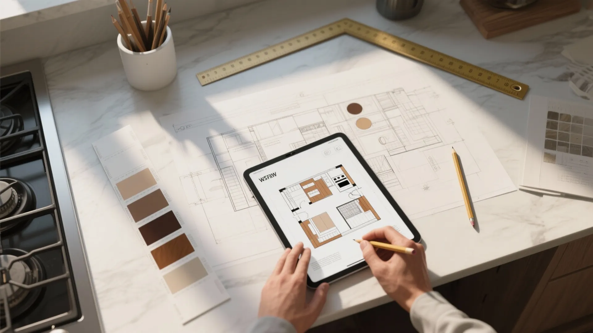 Top-down view of sketches and a tablet floor plan for a white and brown kitchen design.