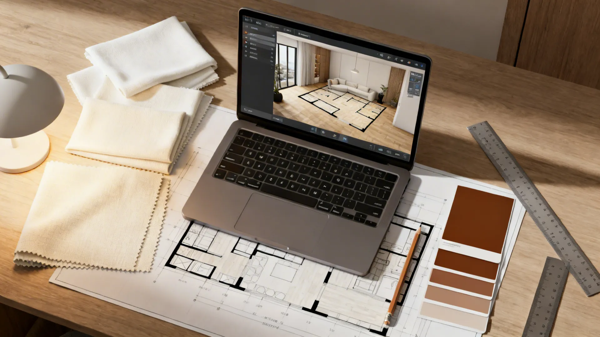 Top-down view of a digital room planning desk with 3D planner, fabric swatches and paint samples.