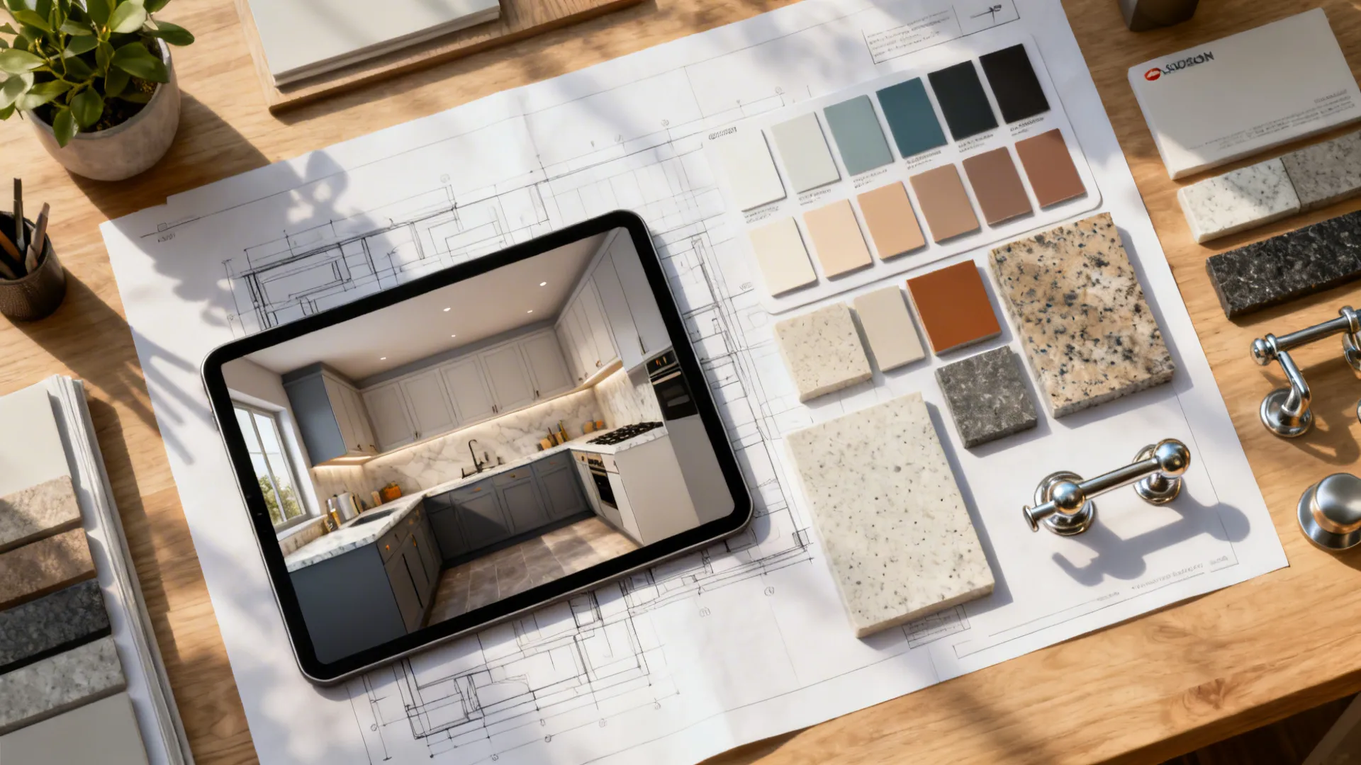 Top-down view of design planning desk with 3D kitchen mockup, swatches, and material samples.