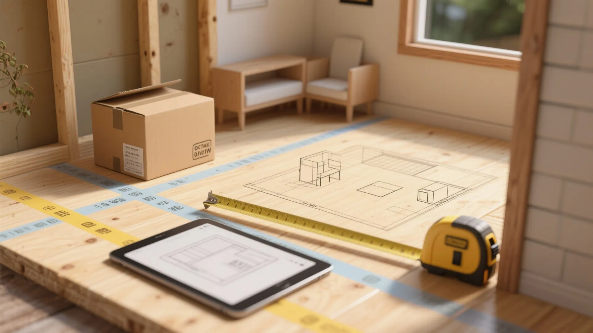 Close-up of taped floor lines, cardboard mockup furniture, measuring tape and tablet with a 3D planner
