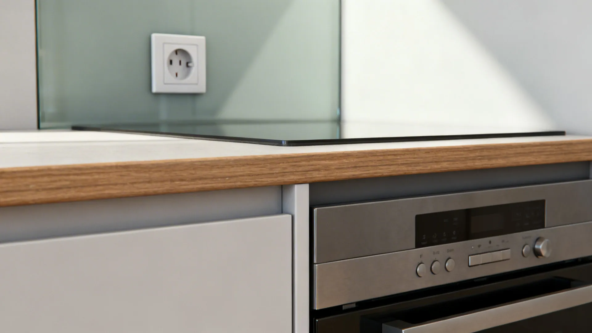 Close up of a kitchen counter with wooden edge stove oven and a white wall socket