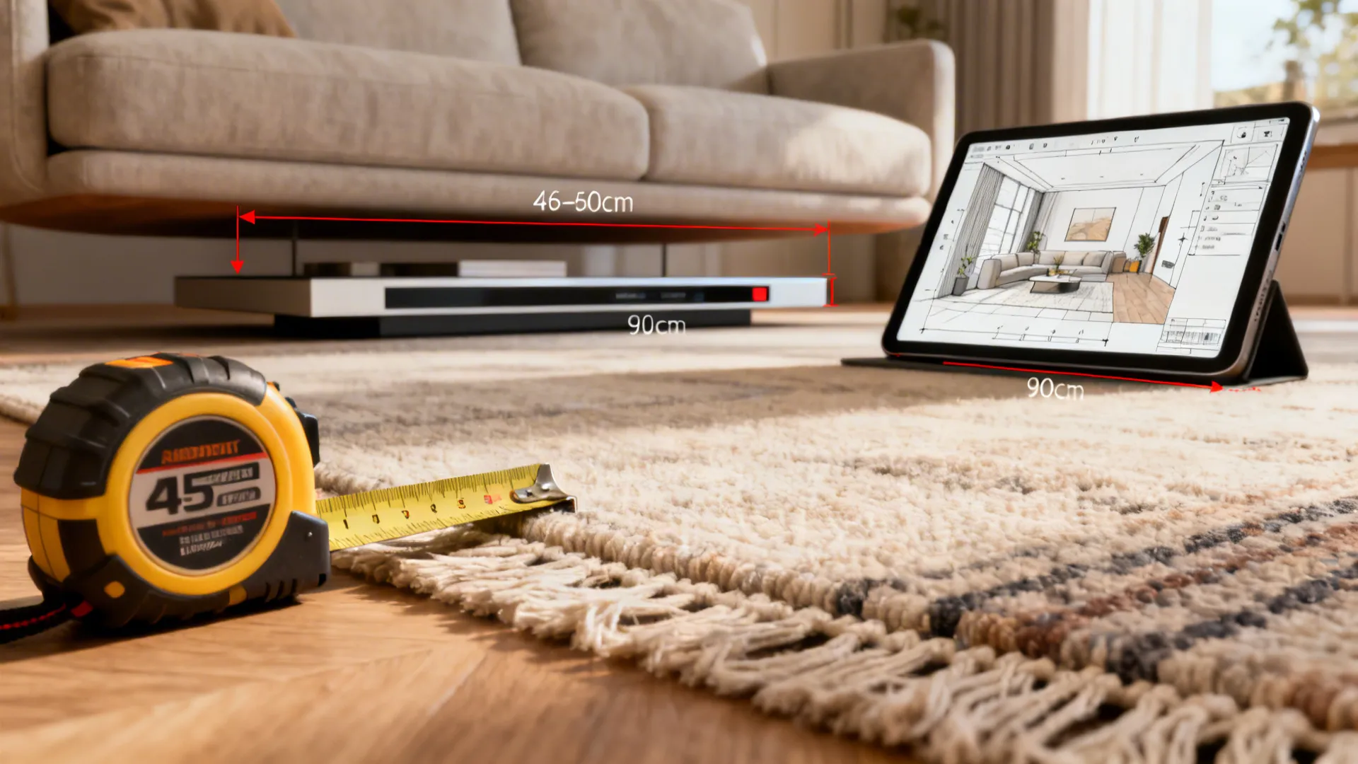 Tape measure and tablet with room planner showing spacing guidelines for seating layouts