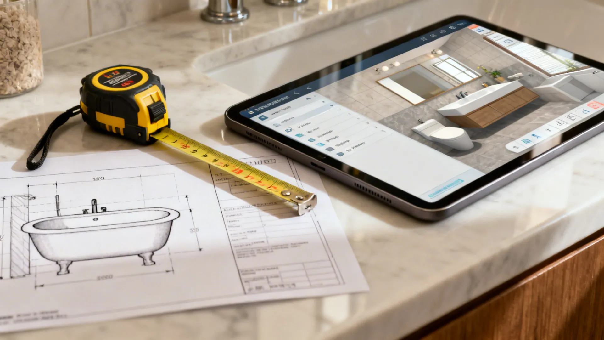 Measurement tape and tablet with a 3D bathroom planner next to tub plan printout