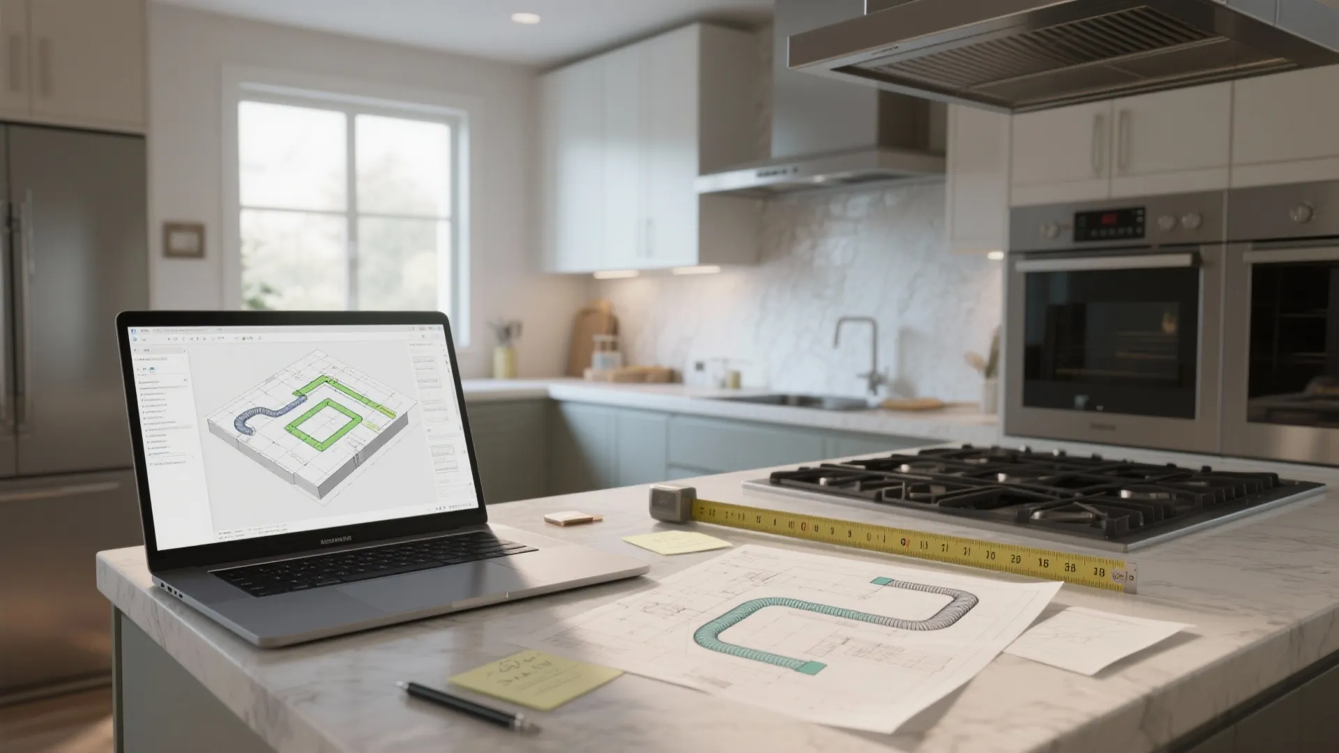 Laptop showing kitchen vent layout software on marble counter with measuring tape and paper plans