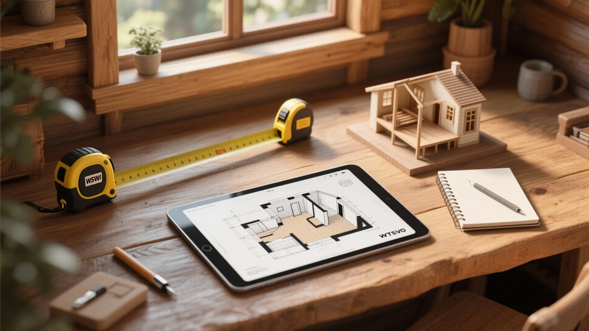Planning essentials for a small cabin: measuring tape, 3D floor planner on tablet, and sketch plans.