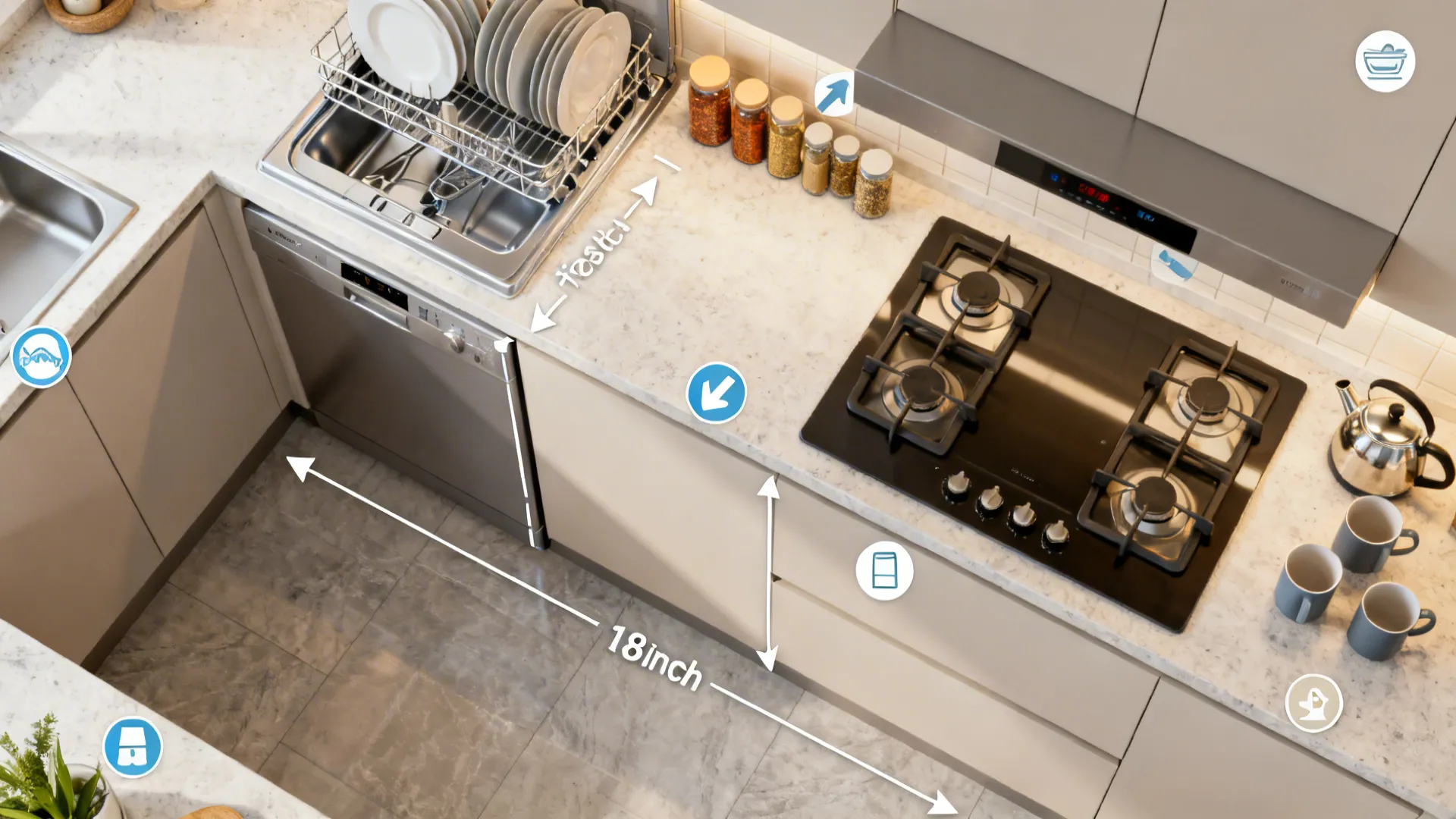 Top-down zoning diagram for wall cabinets showing clearances and storage zones.