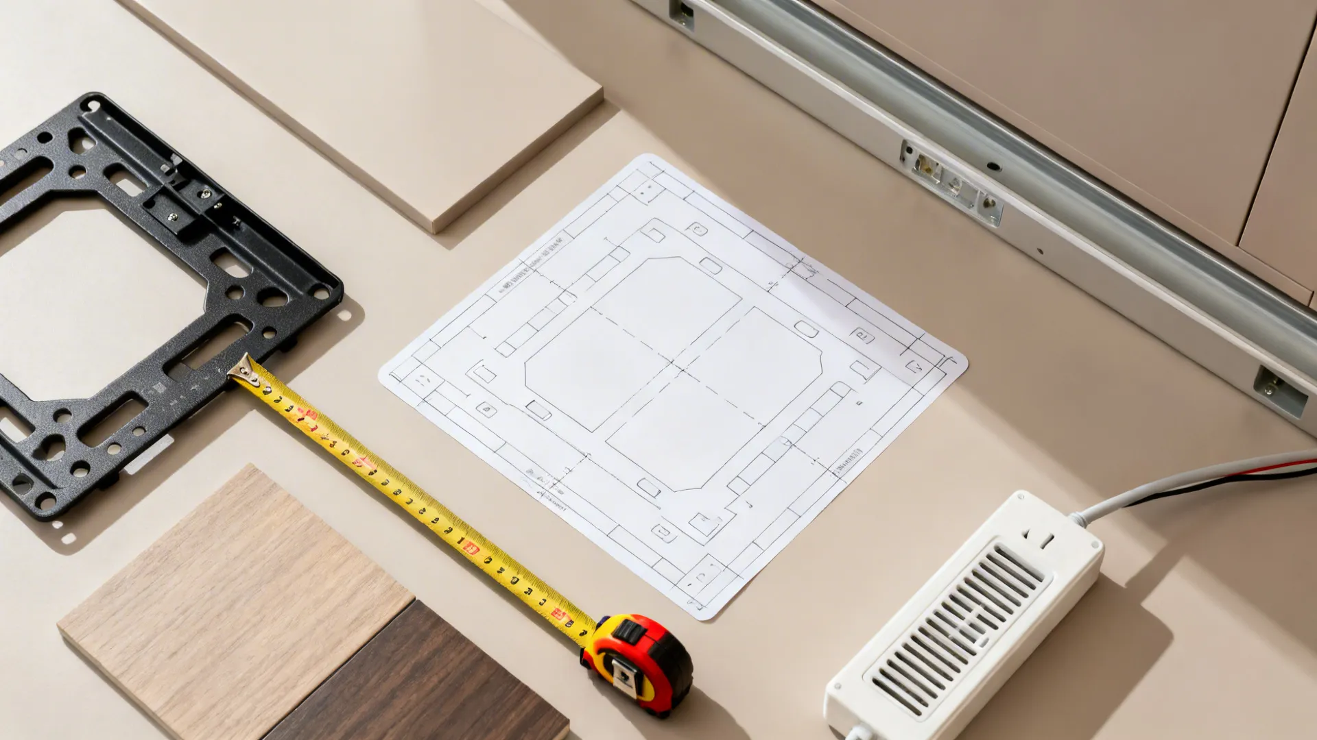 Flat lay of planning tools and samples for TV cabinets, including a mount template and raceway.