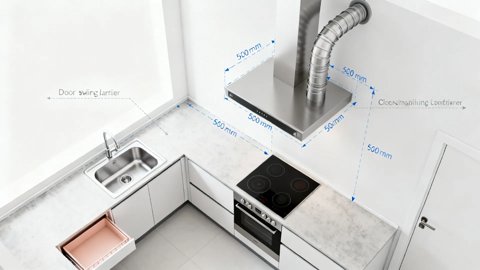Top-down compact kitchen plan highlighting ventilation, clearances, and wet-zone materials.