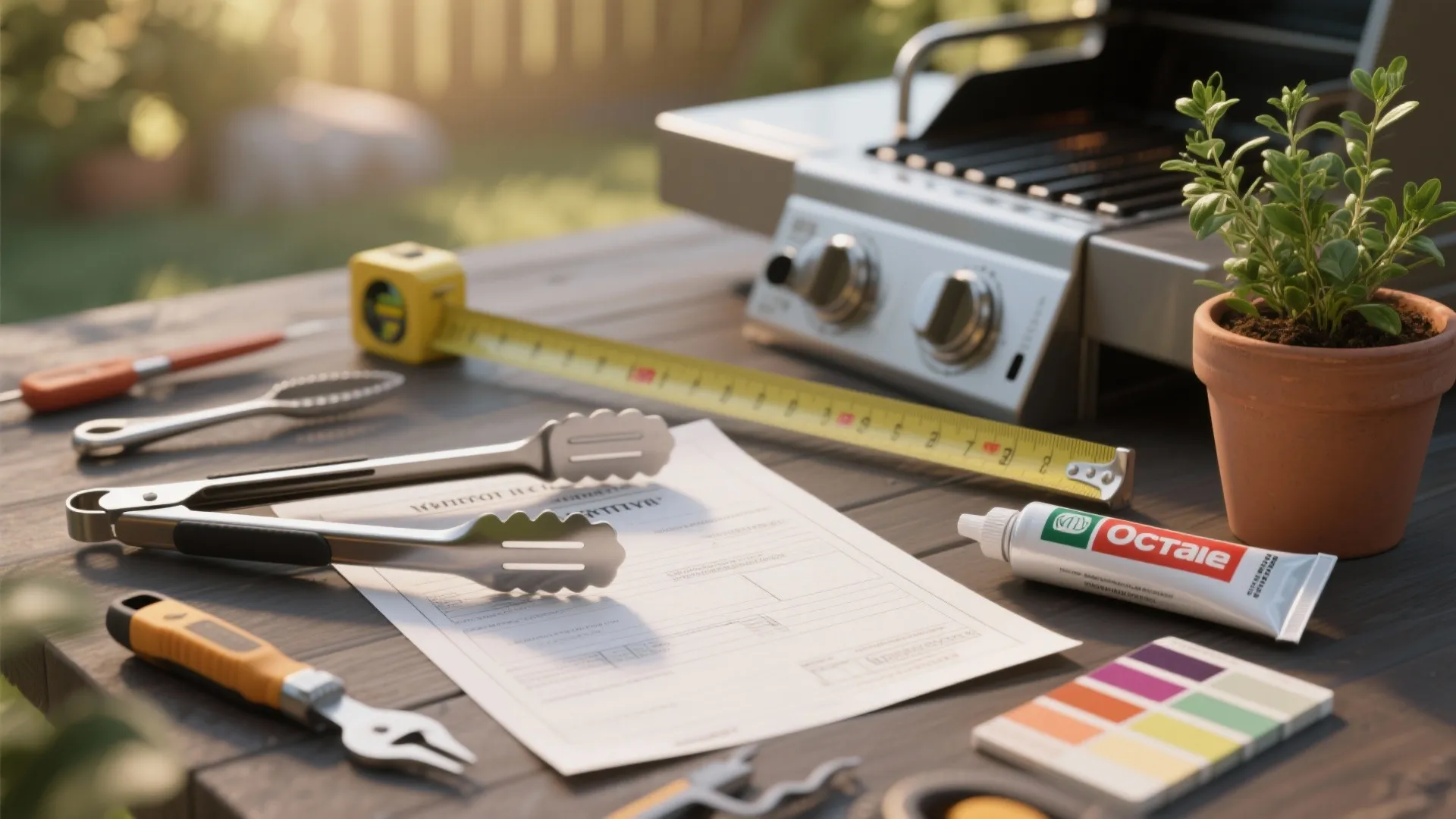 Close-up of grill tools, measuring tape, sealant and blank permit paper with sample swatches for outdoor kitchen planning.