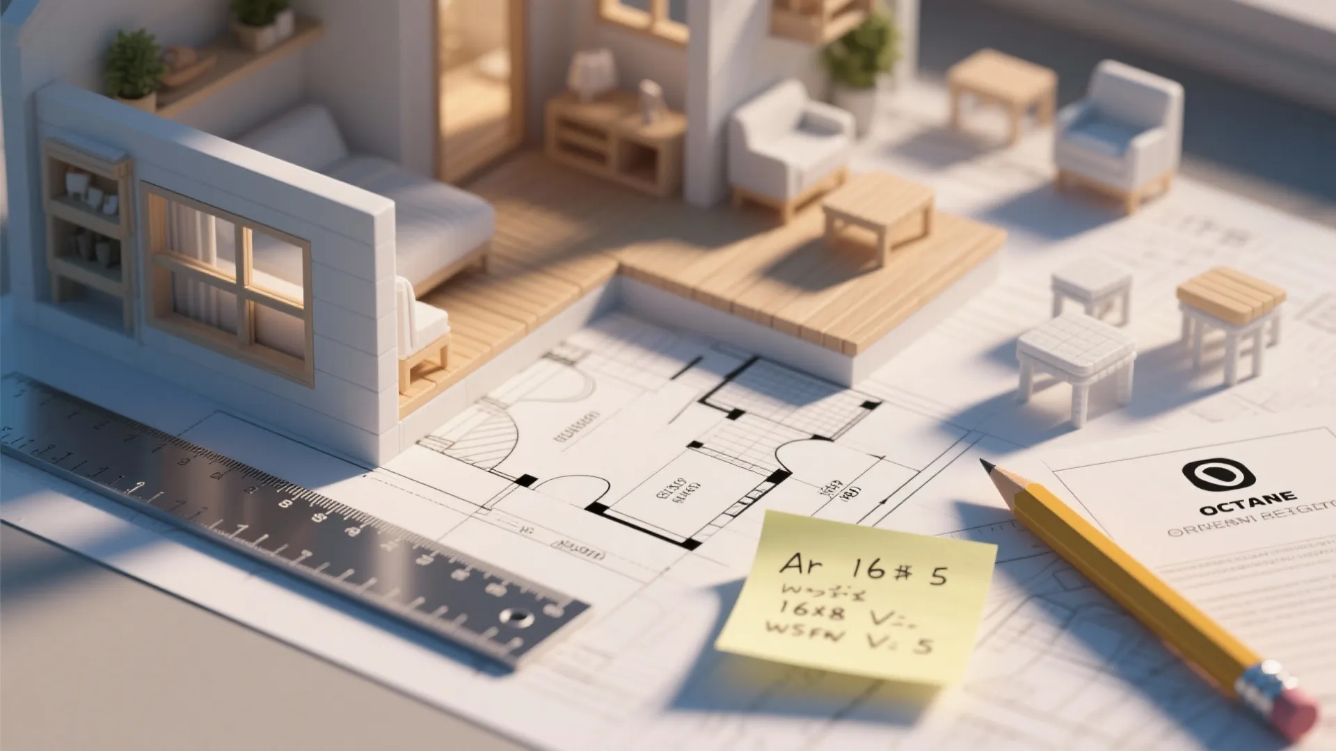 Close-up of a small cabin floor plan with measuring tools and notes for planning and FAQs.