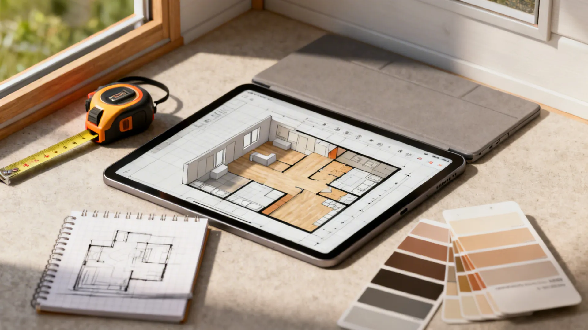 Tablet showing a 3D floor planner, measuring tape and sketches for tiny home layout planning.